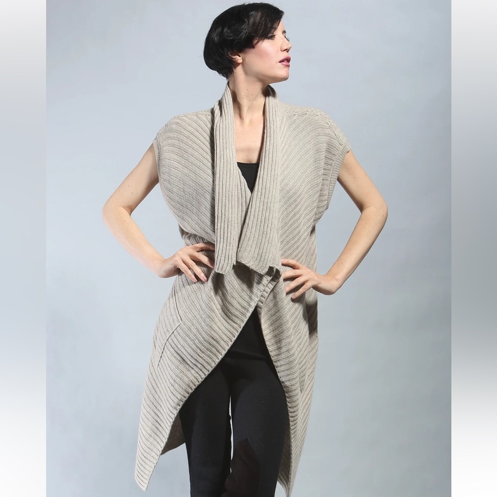 Zoe Couture Natural Ribbed Sleeveless Long Cardigan Cashmere Wool blend $580